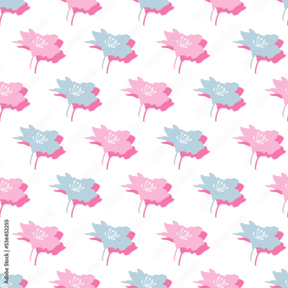 Spring Cute Fresh Pink and Blue Floral Petals Vector Graphic Seamless Pattern
