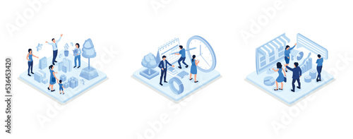 New year celebration 3d, Character standing near laptop and filling up a calendar, Public relation, digital marketing and media concept, isometric vector modern illustration