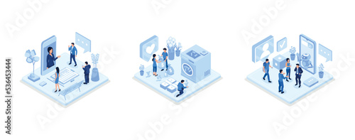 People characters talking with customer support, Financial crime prevention and money laundering concept,Customers having dialog with chatbot on smartphone, isometric vector modern illustration
