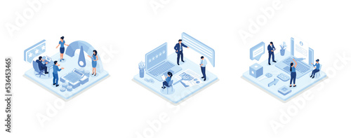 Characters with good credit score receiving loan approval from bank, Character pointing on survey form with five star positive customer review, Character signing document or license agreement with ele