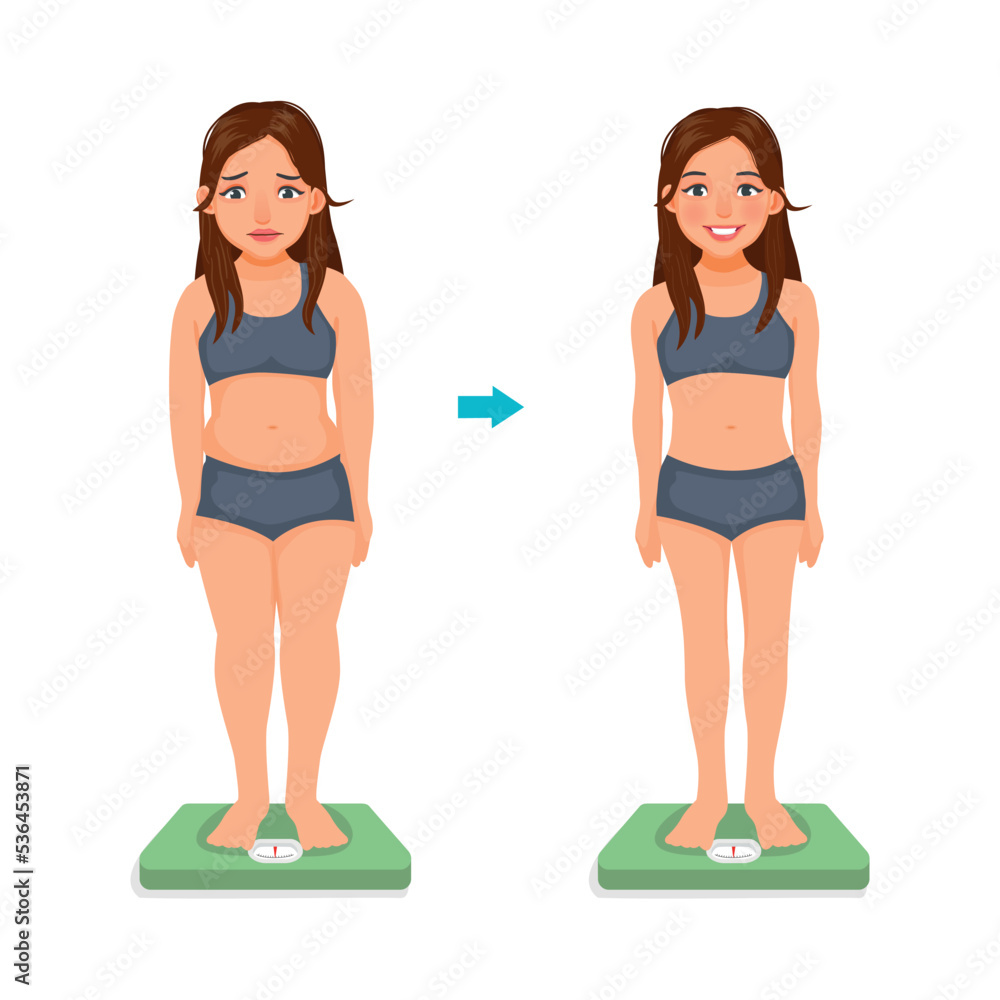 Young woman measuring body weight on the scale before and after weight loss diet program Young woman measuring body weight on the scale before and after weight loss diet program