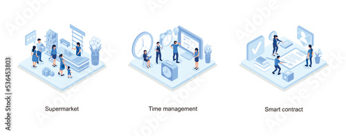 People waiting in line at grocery supermarket, Time management concept, Man Character Signing Digital Signature at Online Business Contract, isometric vector modern illustration
