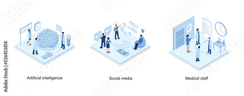 Artificial intelligence concept, People Characters standing near Smartphone and looking at new Social Media Post, Different medical staff characters, isometric vector modern illustration