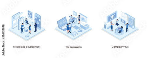 Mobile app development concept banner with characters, Financial Consultant sitting at Office Desk with Documents for Tax Calculation, Computer virus concept with character and text place, isometric v