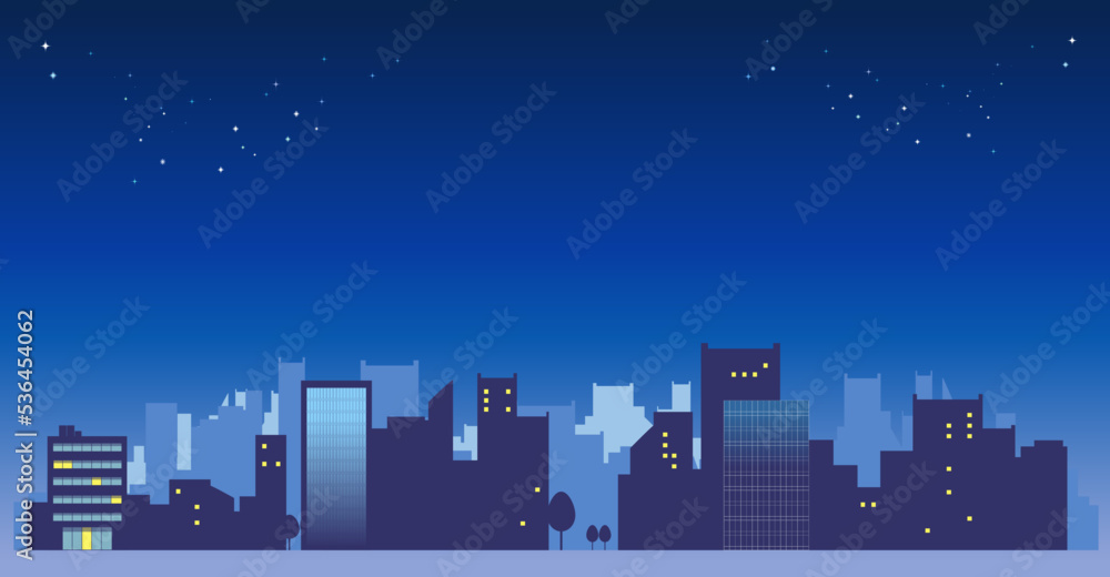 夜空と夜の街並みの風景イラスト　背景イラスト　ベクター素材　コピースペース