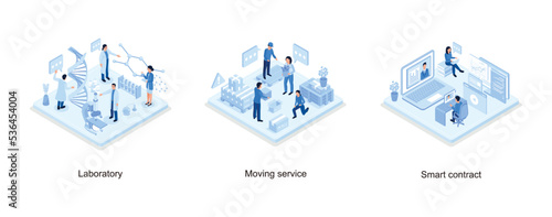 Medical laboratory concept, Ready for Transportation Carton Boxes Stack standing on Floor, Character Sitting at Desk, Looking at Laptop and Studying with Smartphone, Books and Exercise Books, isometri