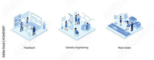 People Characters Giving Five Star Feedback, Genetic engineering concept, App for Searching Houses for Renting or Buying Online, isometric vector modern illustration