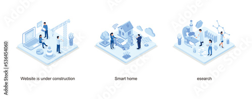 Website under construction concept with characters, Smart house with solar panel and electric car, Medical research concept, isometric vector modern illustration