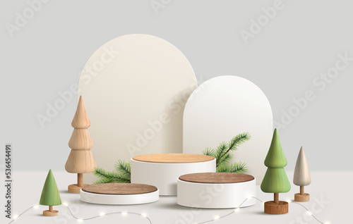 Realistic 3D minimal Christmas template. wood pedestal or stand podium for show product display. Christmas tree wood decoration on white background.