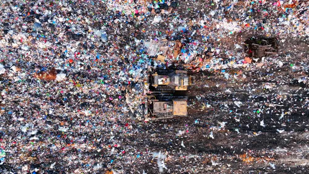 Dozer on Garbage Dump. Landfill with solid household waste, rubbish ...
