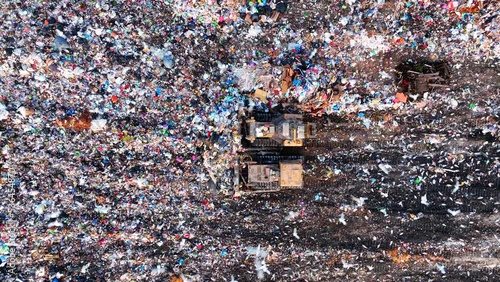 Dozer on Garbage Dump. Landfill with solid household waste, rubbish, waste plastic and polyethylene. Solid waste disposal and landfill gas collection. Ecology and Environmental pollution.  photo
