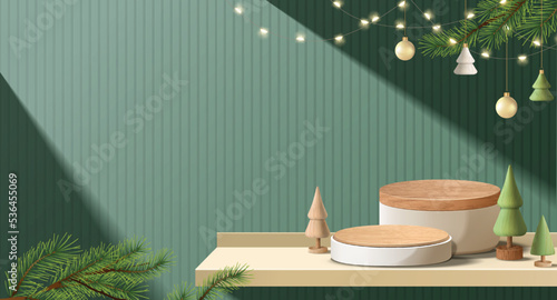 Realistic 3D minimal Christmas template. wood pedestal or stand podium for show products display. Christmas tree wood decoration on green background.