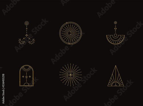 Set of moon and sun line art. Minimal boho linear symbols. Celestial mystic element. Vector line art illustration.