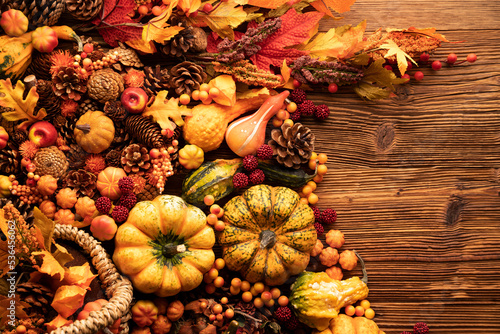 Autumn composition on a rustic wooden background. Decorative pumpkins  various leaves  pine cones  nuts. Orange  yellow  red  and brown aesthetics. 