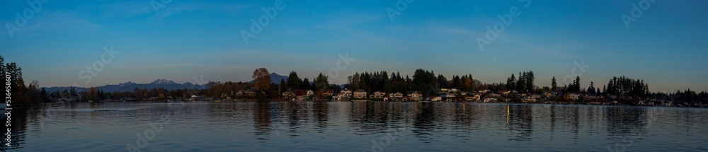 Panoramic view of Lake Stevens at sunset on a beautiful autumn day in October, Washington state, with reflections on the water, 20191002_panorama, 