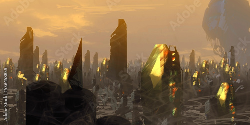 Futuristic, science fiction digital concept art. Imarginary scenery of alien landscape.  Golden hour. © Jakub