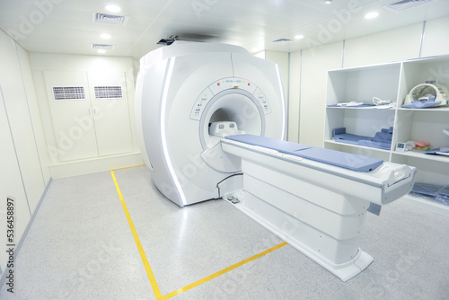 Magnetic resonance imaging scan or MRI machine device in hospital.