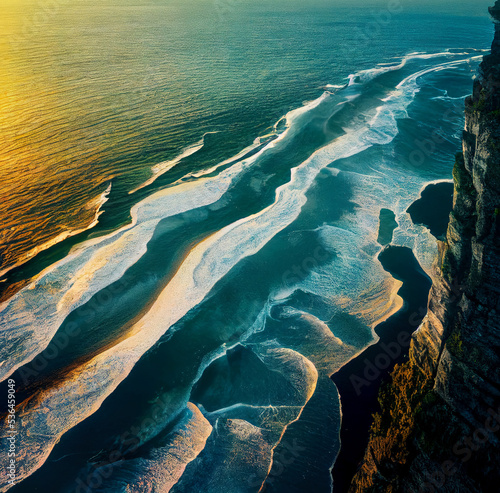 Aerial view of sea waves and fantastic Rocky coast. Summer seascape from drone. Travel - image. nature texture background.