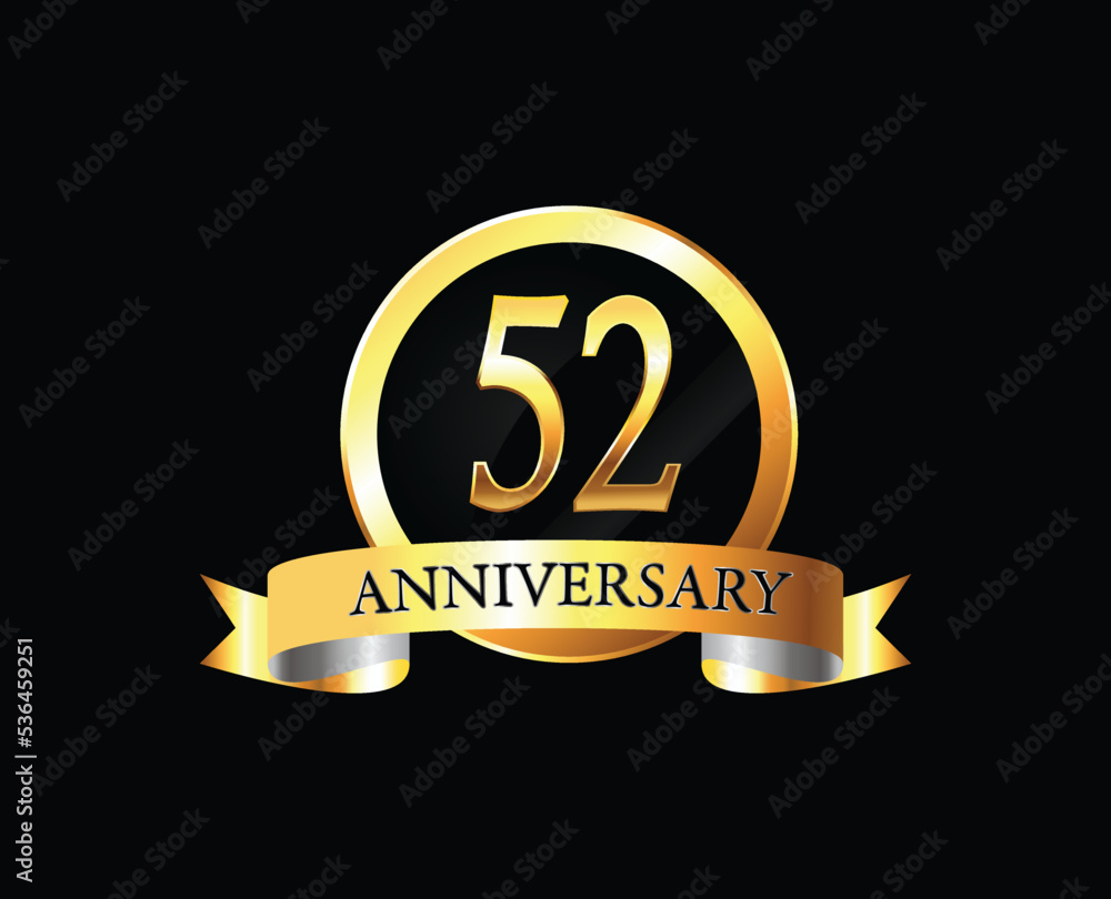 52 Year Anniversary celebration Vector Design with ring and ribbon. 52nd Anniversary celebration. Gold Luxury Banner of 52nd Anniversary celebration. fifty-second celebration card. Vector anniversary 52 Year Anniversary celebration Vector Design with ring and ribbon. 52nd Anniversary celebration. Gold Luxury Banner of 52nd Anniversary celebration. fifty-second celebration card. Vector anniversary