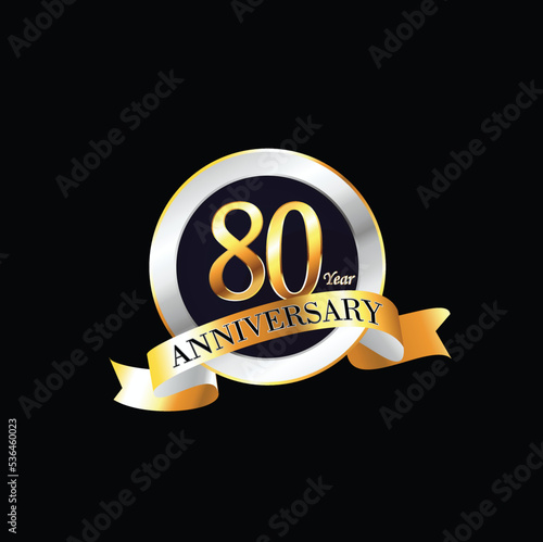 80 Year Anniversary celebration Vector Design with ring and ribbon. 80th Anniversary celebration. Gold Luxury Banner of 80th Anniversary celebration. eightieth celebration card. Vector anniversary