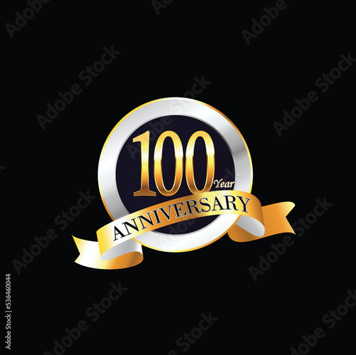 100 Year Anniversary celebration Vector Design with ring and ribbon. 100th Anniversary celebration. Gold Luxury Banner of 100th Anniversary celebration. hundredth celebration card. Vector anniversary