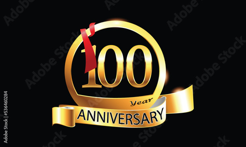 100 Year Anniversary celebration Vector Design with ring and red ribbon. 100th Anniversary celebration. Gold Luxury Banner of 100th Anniversary celebration. hundredth celebration card. anniversary