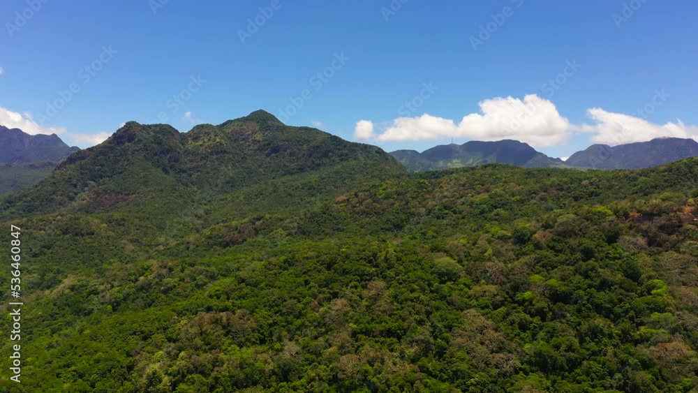 Mountain peaks covered with forest from above. Mountains covered rainforest, trees and blue sky with clouds. Sri Lanka.