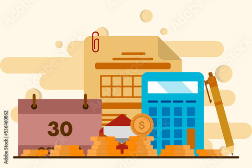 Payroll system concept, company income calculation and employee wage payment, calendar payment date.