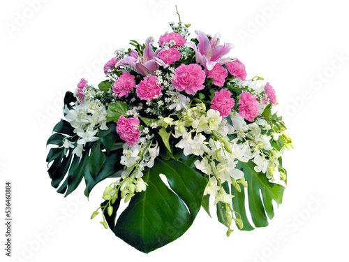  bouquet of orchid,carnation and margarite for decorative in wedding or valentine isolated on white background,flower colorful pink and white