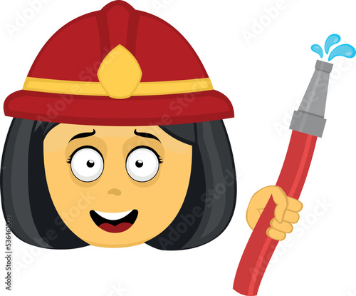 Vector emoji illustration of a yellow cartoon firefighter woman, with a helmet and hose with water drops in her hand

