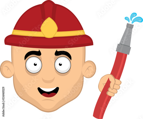 Vector illustration of the face of a cartoon firefighter with helmet and a hose with water droplets in his hand
