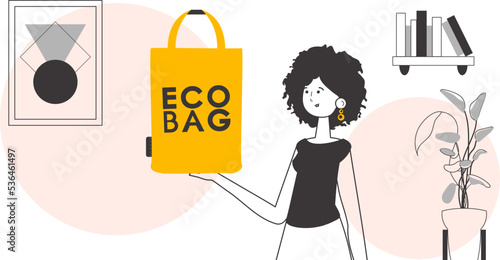 The concept of ecological bags and plastic. A woman holds an eco-package in her hands. Lineart trendy style.