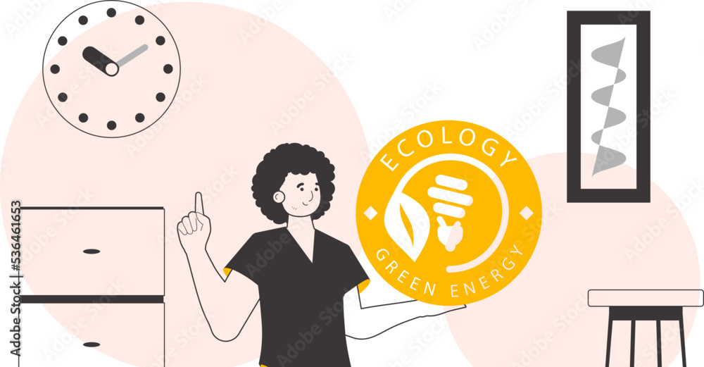 A man holds a green energy logo in his hand. Linear trendy style. A man holds a green energy logo in his hand. Linear trendy style.