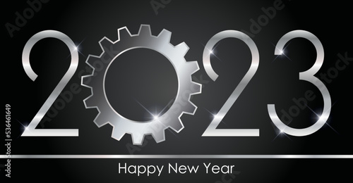 2023 mit zahnrad in metallisch silber glänzend und happy new year