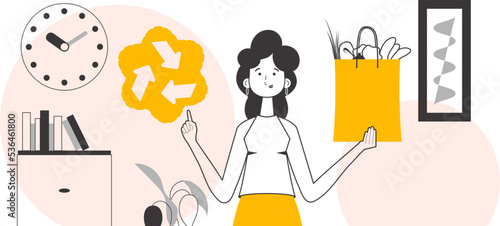 The concept of reasonable consumption. Girl, package with products and eco logo. Linear modern style.