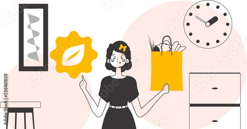 The concept of reasonable consumption. Girl, package with products and eco logo. Lineart trendy style.