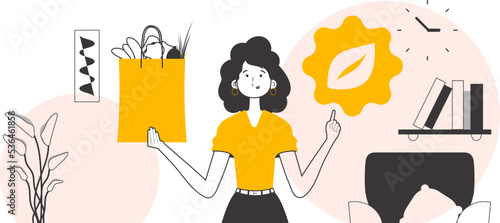 The concept of reasonable consumption. Woman, package with products and eco logo. Linear style.