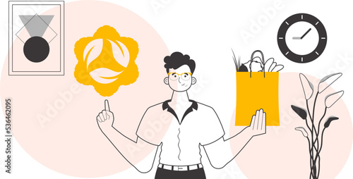 The concept of reasonable consumption. A man, a package with products and an eco logo. Lineart trendy style.