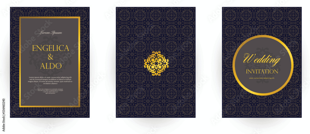 Naklejka premium wedding card design of classic ornament gold and black premium design