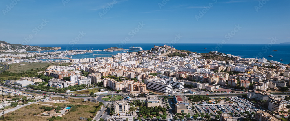 Aerial view of Ibiza, Balearic Islands, Spain. Harbor, waterfront and old town.