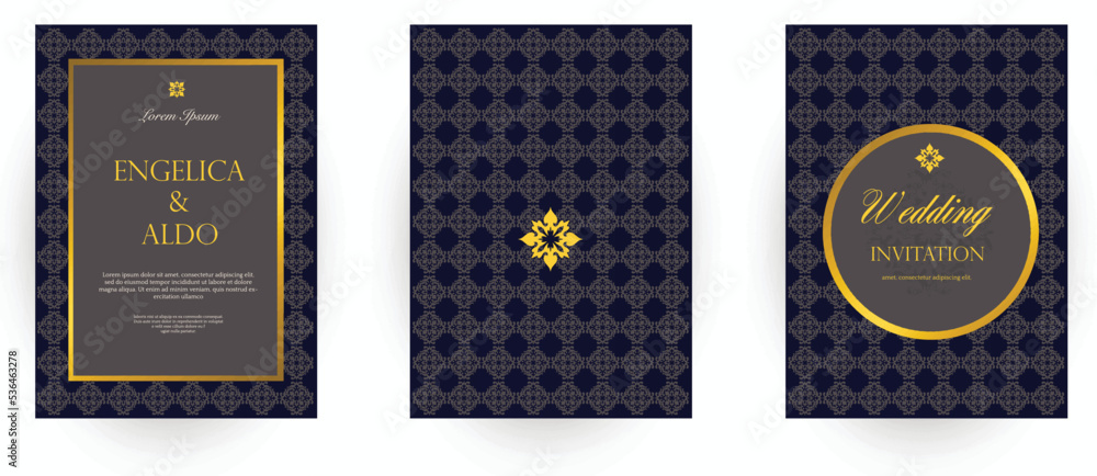 Naklejka premium wedding card design of classic ornament gold and black premium design