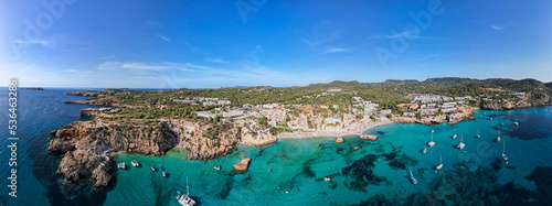 Aerial panoramic view of Calla Tarida, Ibiza, Spain.