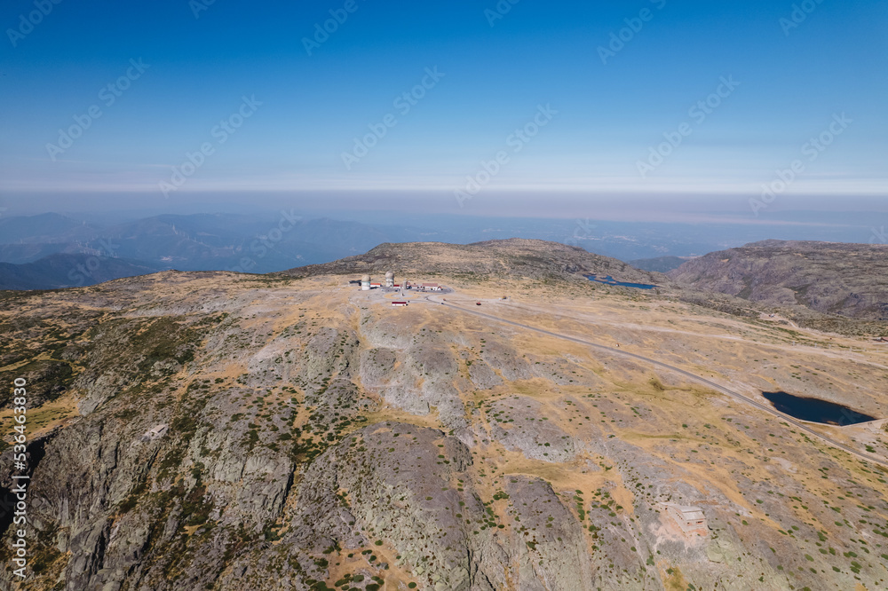 Aerial shot of Torre observatory on Serra da Estrela, in Portugal. Radar station.