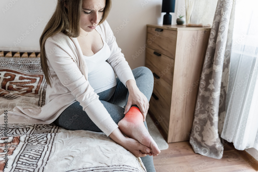 Leg pain pregnant woman. Pregnancy girl have leg disease, ankle pain