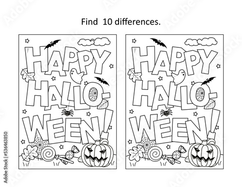 "Happy Halloween!" greeting difference game and coloring page
