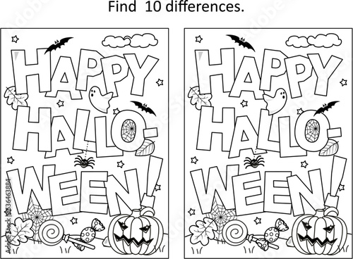 "Happy Halloween!" greeting difference game and coloring page

