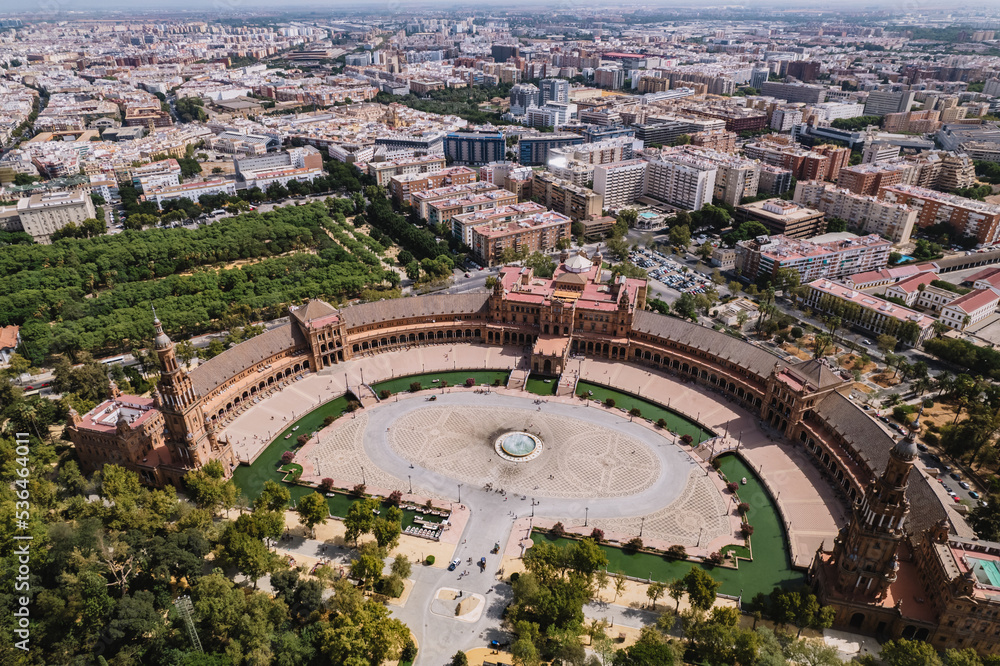 Aerial view of Plaza de Espana. Spanish Square. Seville, Spain. Maria Luisa Park.