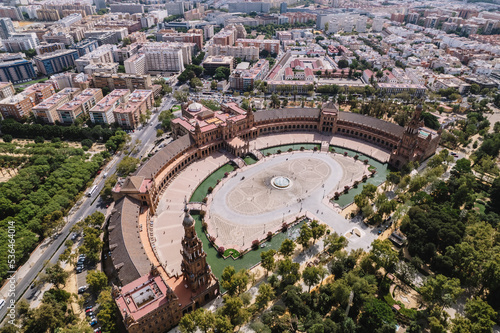 Aerial view of Plaza de Espana. Spanish Square. Seville, Spain. Maria Luisa Park.