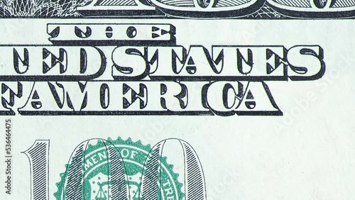 US 100 dollar stop motion animation. One hundred american dollar bill macro, close up shot. 100 USD bill money background. USD currency cash. United States money concept.