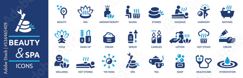 Beauty & Spa icon set. Containing sauna, aromatherapy, treatment, yoga, skin care and wellness icons. Solid icons vector collection.